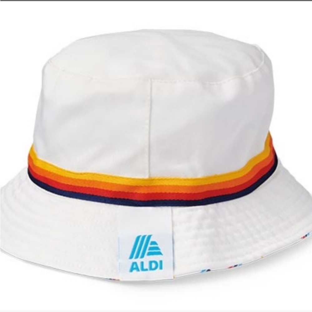 White ALDI bucket hat with rainbow stripe